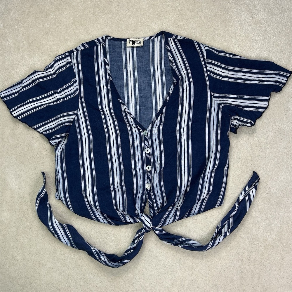 Show Me Your Mumu Tortuga Tie Top Women's Med Navy Breeze Stripe Flutter Sleeve
